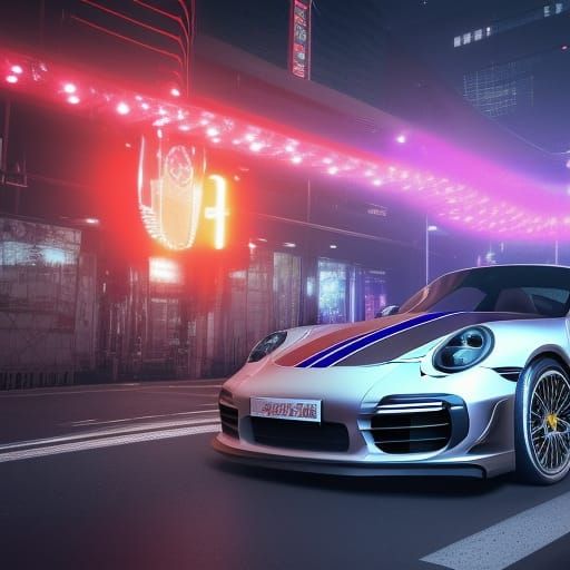 Porsche 911 Turbo,tokyo City Screens, Flashing Lights, Crowd, - Ai 