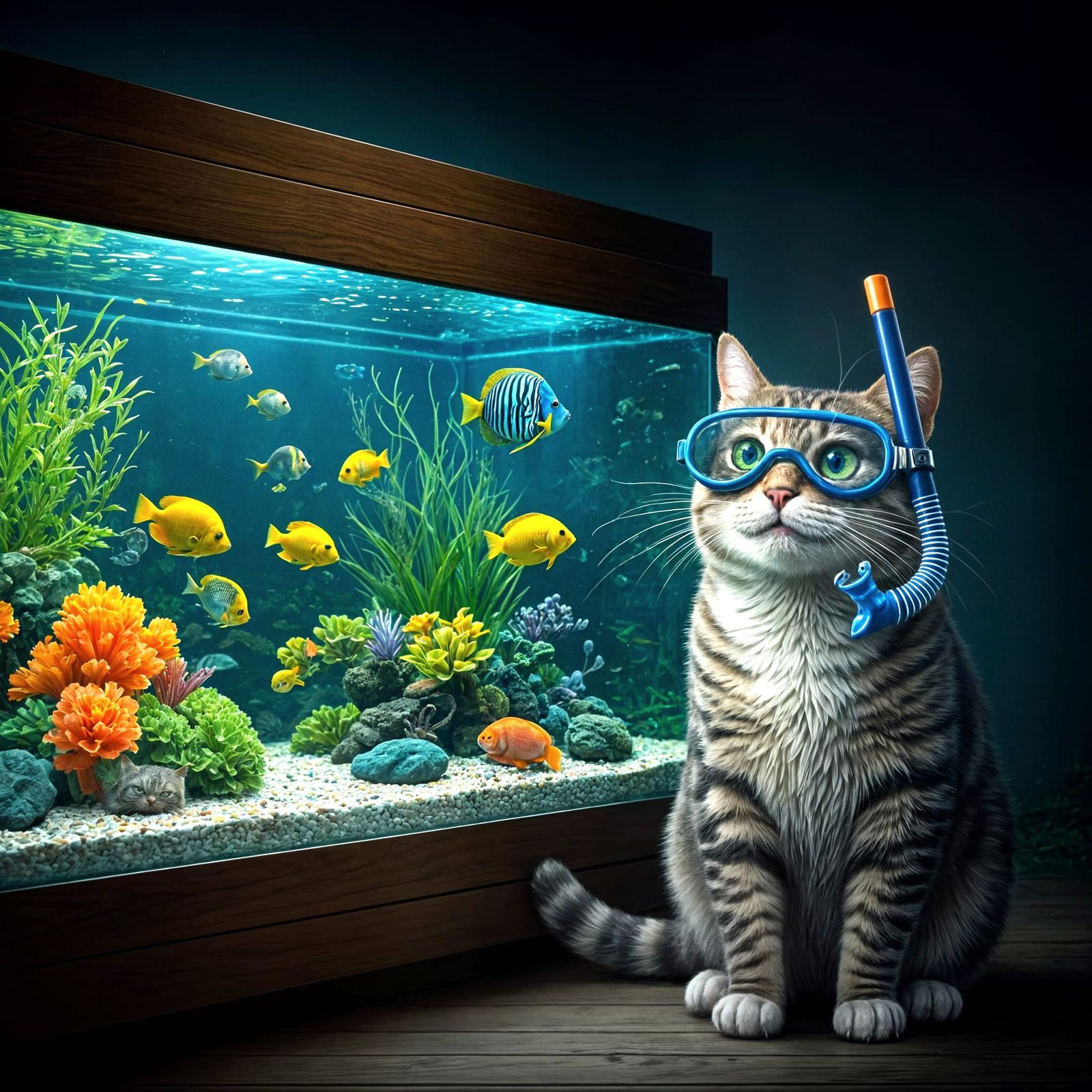 Mischievous Cat in Goggles Gazes at Tropical Fish