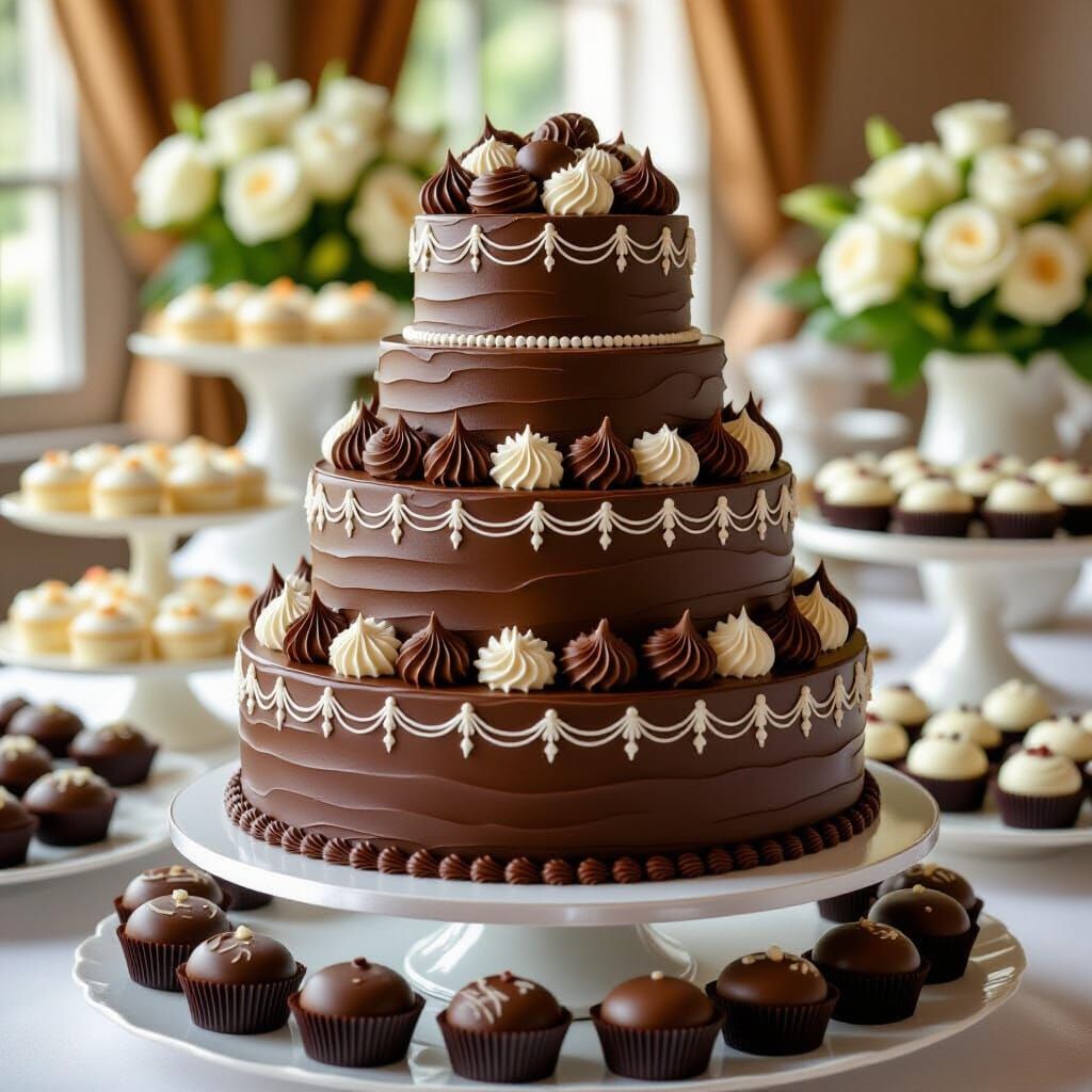 A lavish chocolate cake with white chocolate decorations   by @CHM