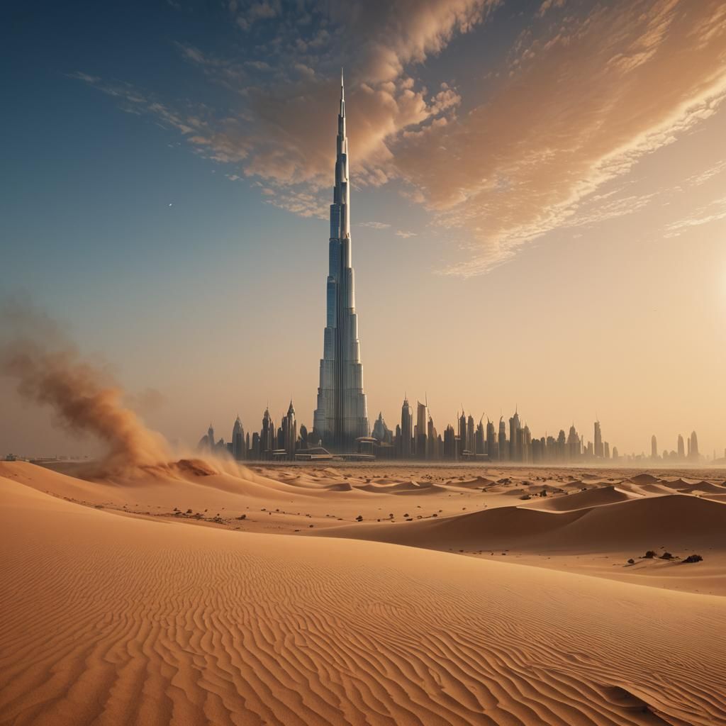 Dubai Sandstorm Reflecting Burj Khalifa: Fantasy Concept Art