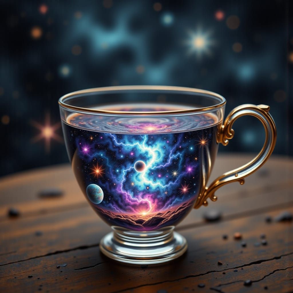 <lora:ThingsInGlassCups:1.0> A universe in a glass teacup. resembling a tiny, celestial universe,  surreal