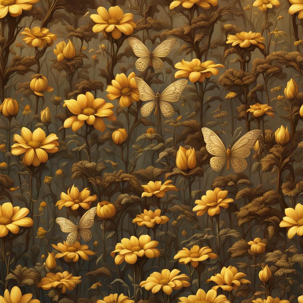 yellow flowers with brown fairies art nouveu Epic cinematic ...