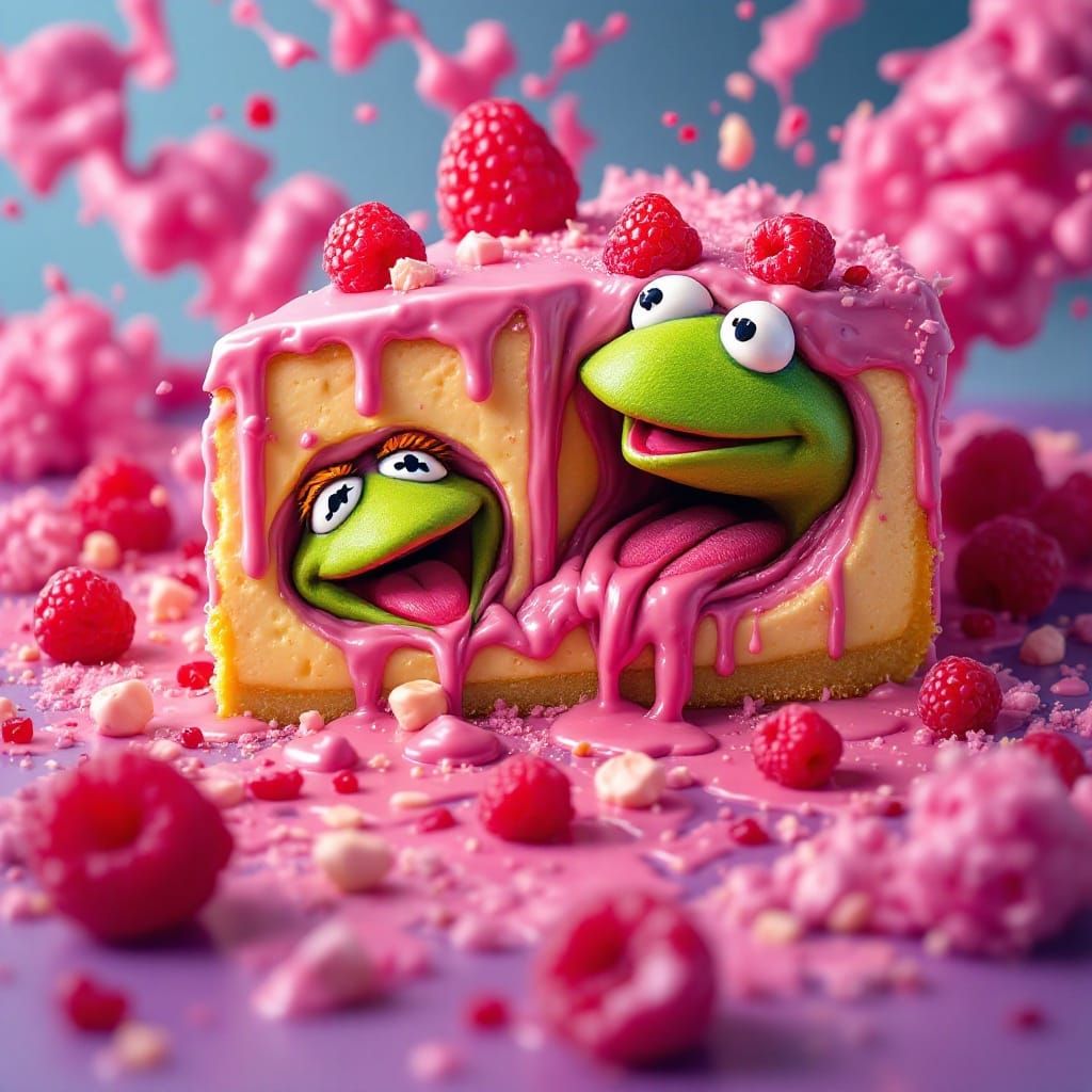 A surreal, dreamlike image of a piece raspberry cheese cake with ...