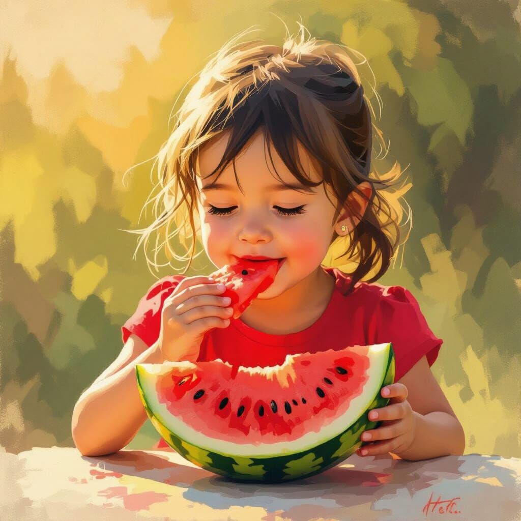 Girl in Red Shirt Eats Watermelon in Golden Hour Light
