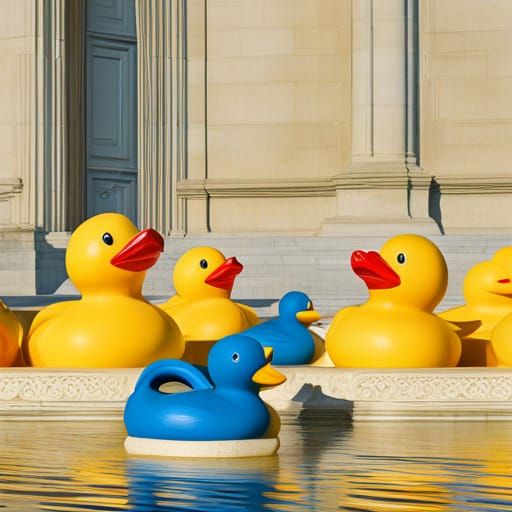 A group of yellow and blue rubber ducks with red beaks in a public