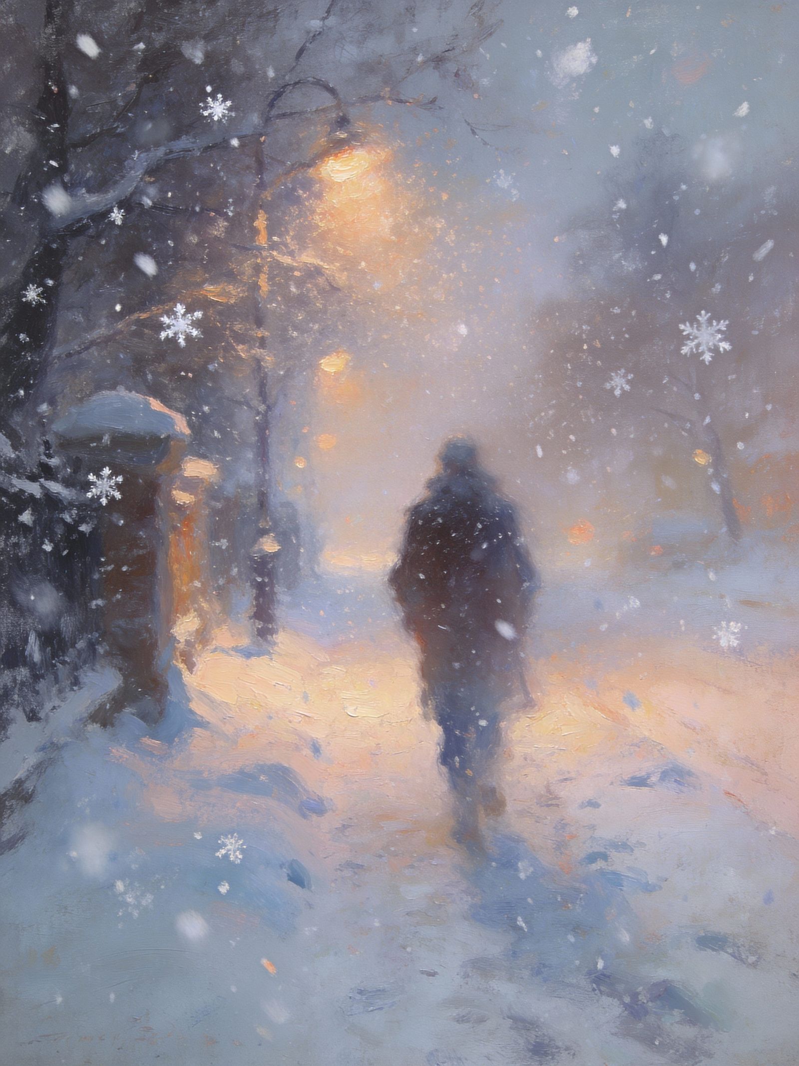 A portrait of a solitary figure walking through a softly falling, dreamlike snowstorm. The edges of the ...  by @SaraM