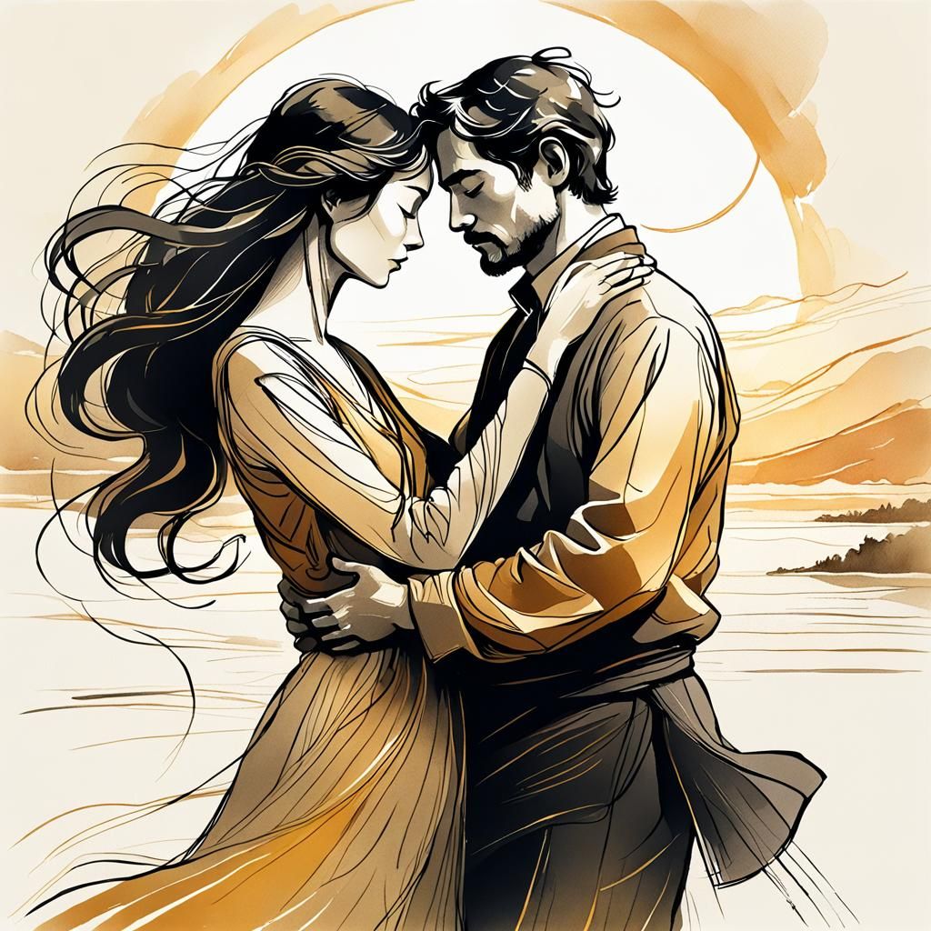 Minimalist Ink Sketch of Embracing Couple at Sunrise