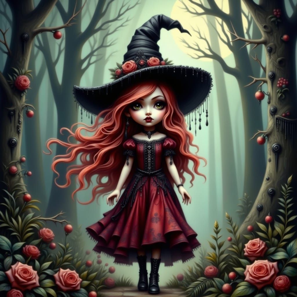 <lora:Dark Fantasy:1.0> Cute witch walking (facing forward) through a haunted forest, long wavy red hair, witches hat, velvet detailed red d...