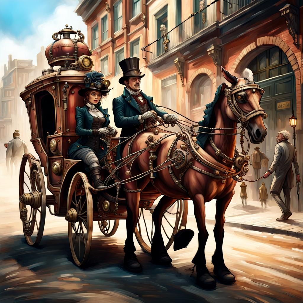 A married European couple passing through their steampunk town on a ...