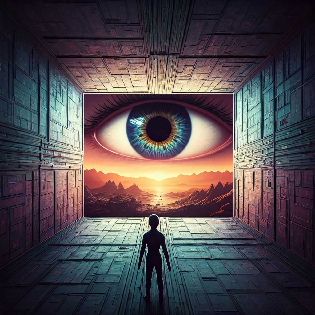 point of view shot from a very small
anthropomorphic entity who is inside a
transparent mirrored Sierpiński
solarcubic antigravity biosphere...