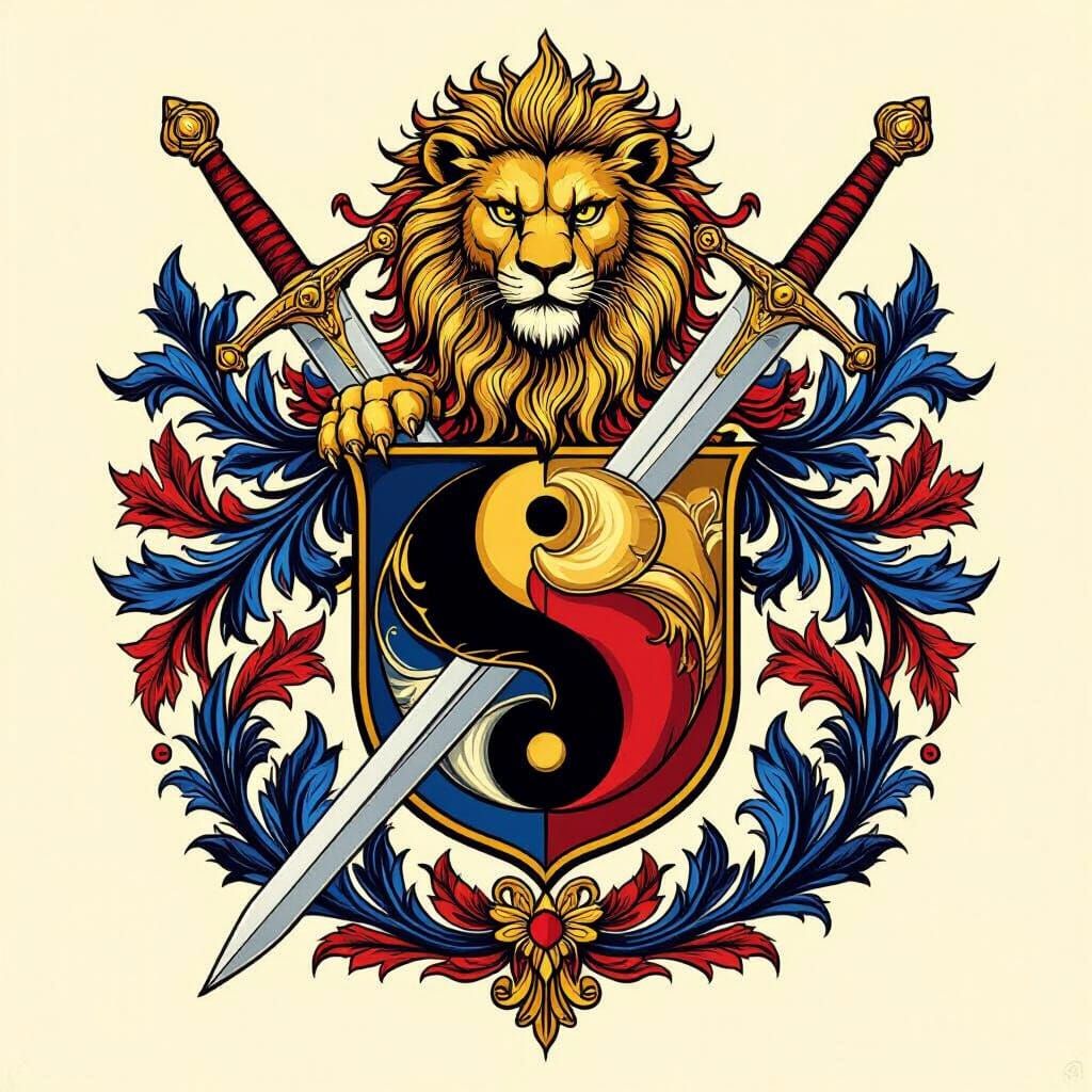 Family crest including a sword a lion and yin and yang