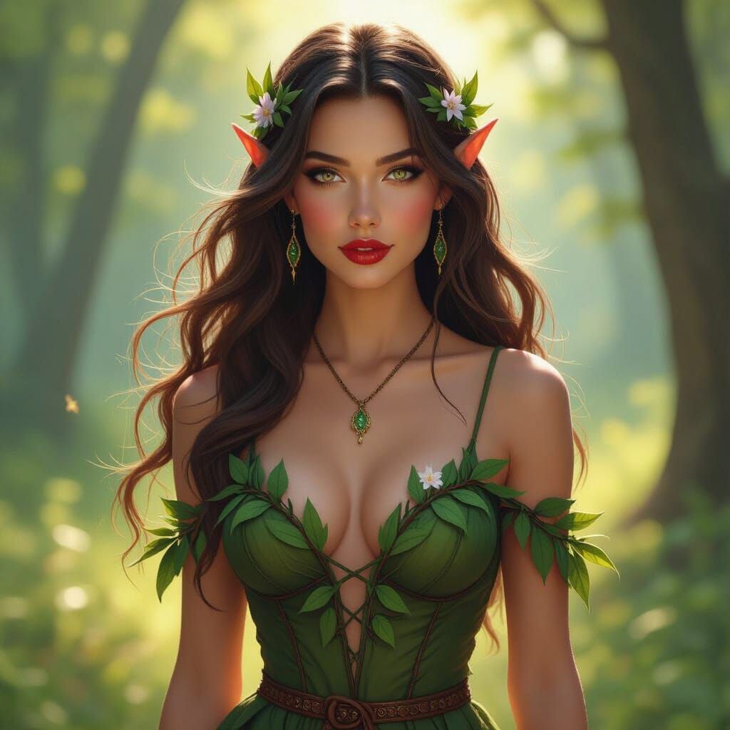 A beautiful elven woman with long flowing hair stands in a offset pose in a sunlit forest clearing, her short dress woven from strategically...