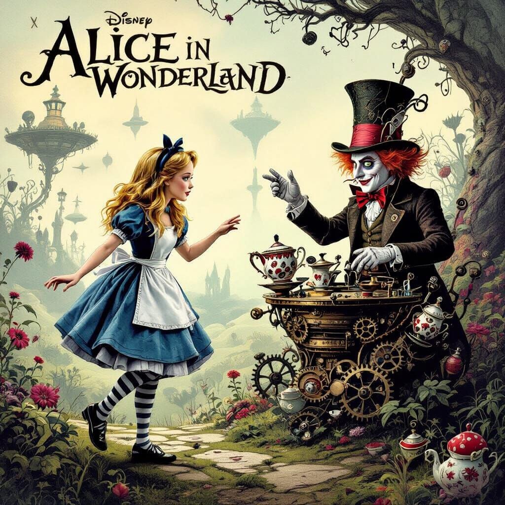 Reimagined movie poster for 'Alice in Wonderland': Alice, as a Victorian-era explorer, navigates a surreal, ...  by @Queendom Hearts