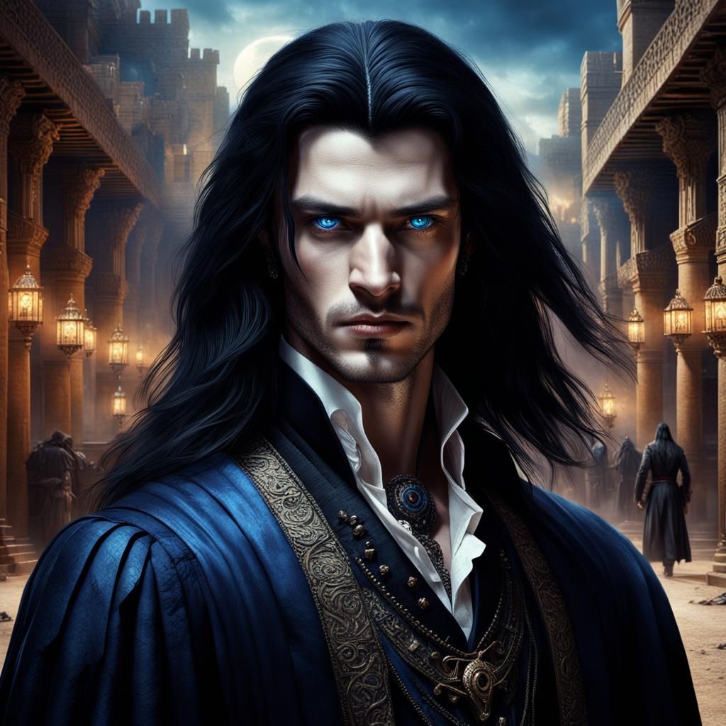 An Elegantly Handsome Vampire with piercing blue eyes, and l...