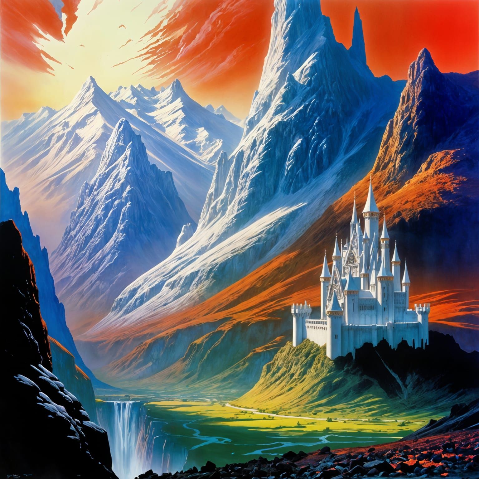 Huge white elvish castle, elfs, ornated towers, white light,...