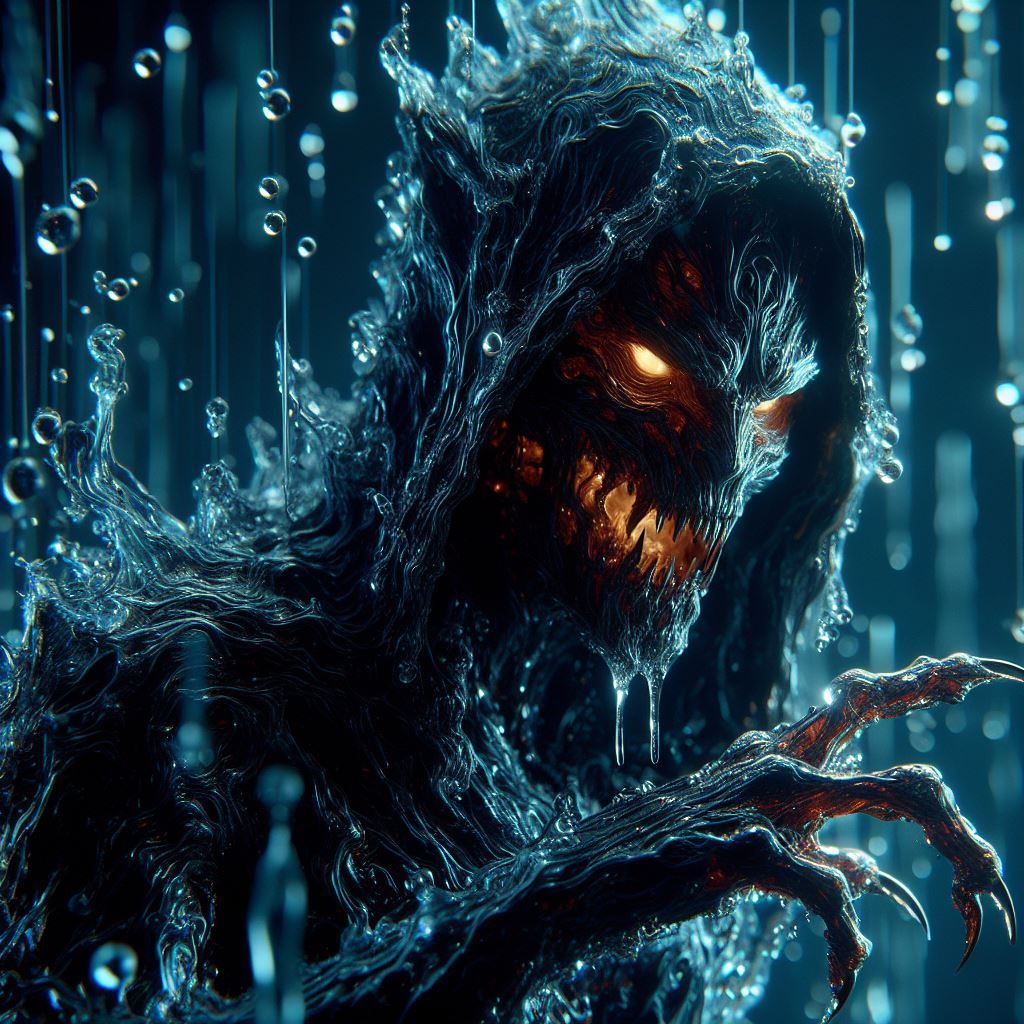 A glowing vampire-werewolf-wraith hybrid, in a liquid sinister background, shot on Hasselblad H6D-400c Multi-shot, Mitakon Speedmaster 300mm...