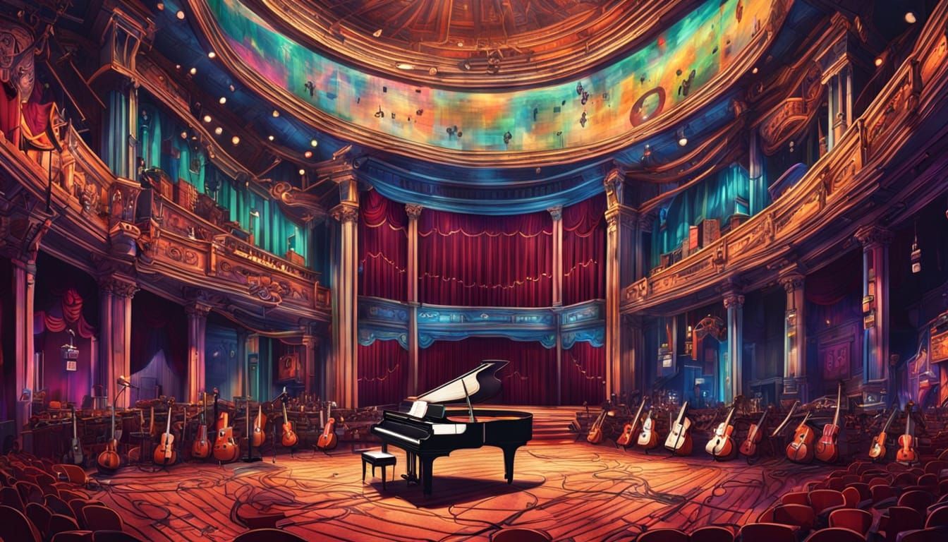 An empty concert hall with lots of musical instruments scattered around, with baroque curtains 4K HDR, mysterious hyperd...