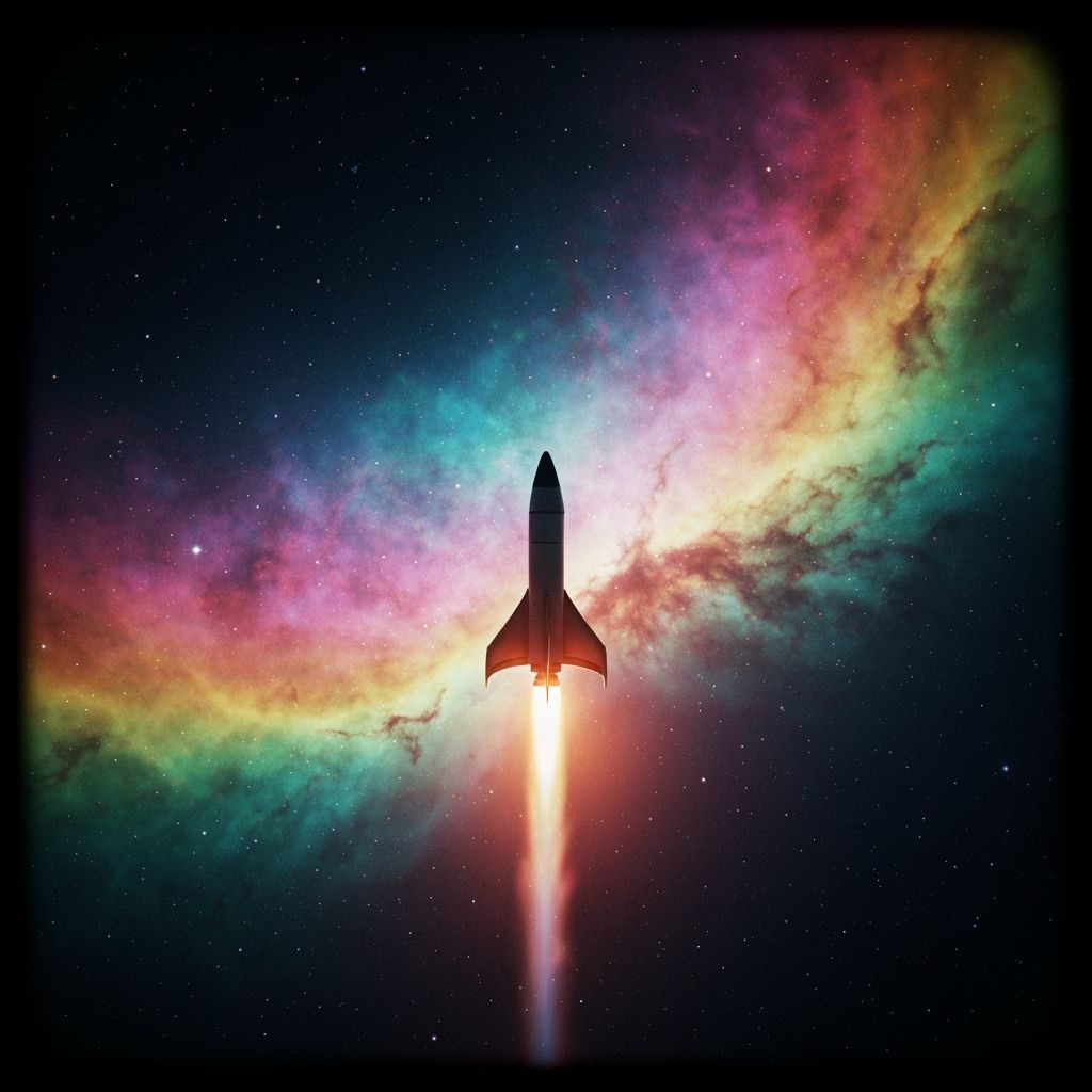 Journey Through the Stars, a sleek rocket journeying past a colorful nebula  by @Tangled Serendipity