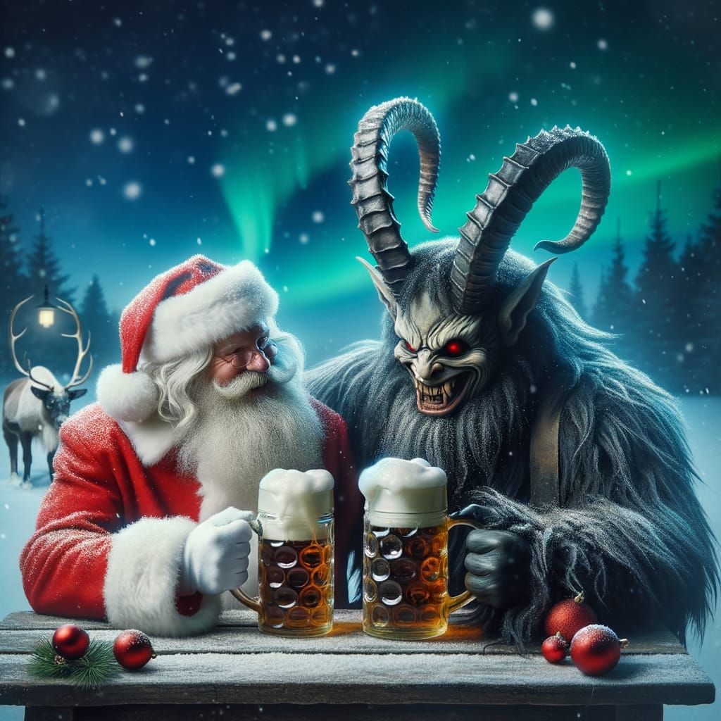 Krampus and Santa drinking beer together