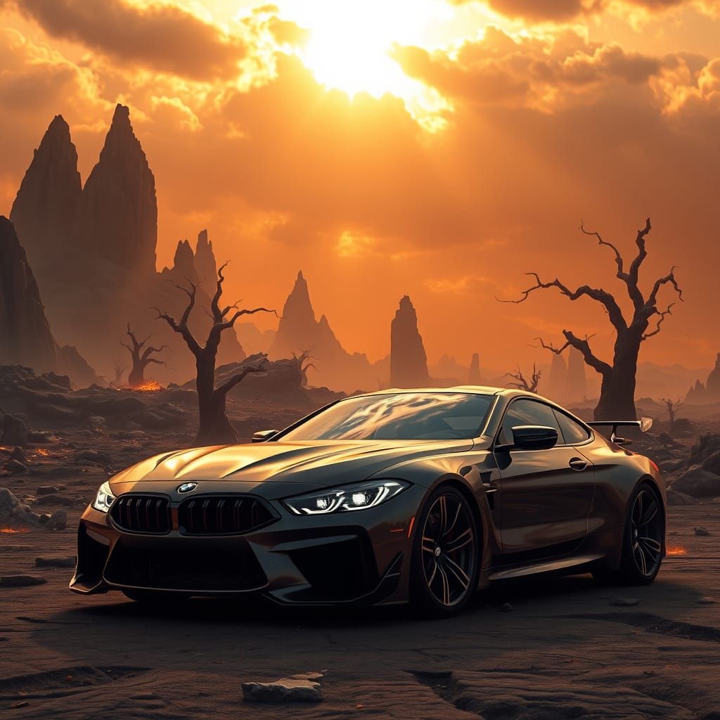 Ancient Sports Car Amidst Apocalyptic Gothic Landscape