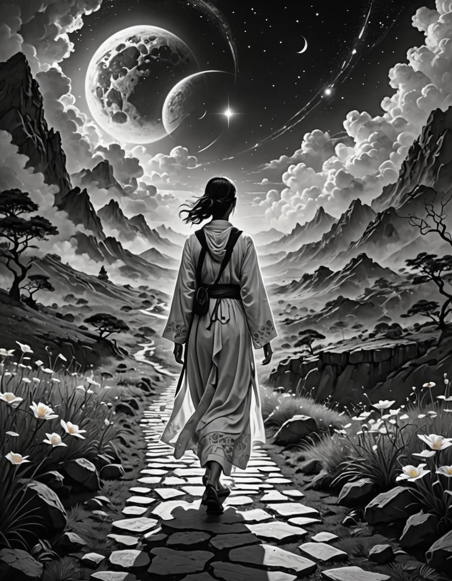 black and white. woman walking spiritual path, ascension to ...