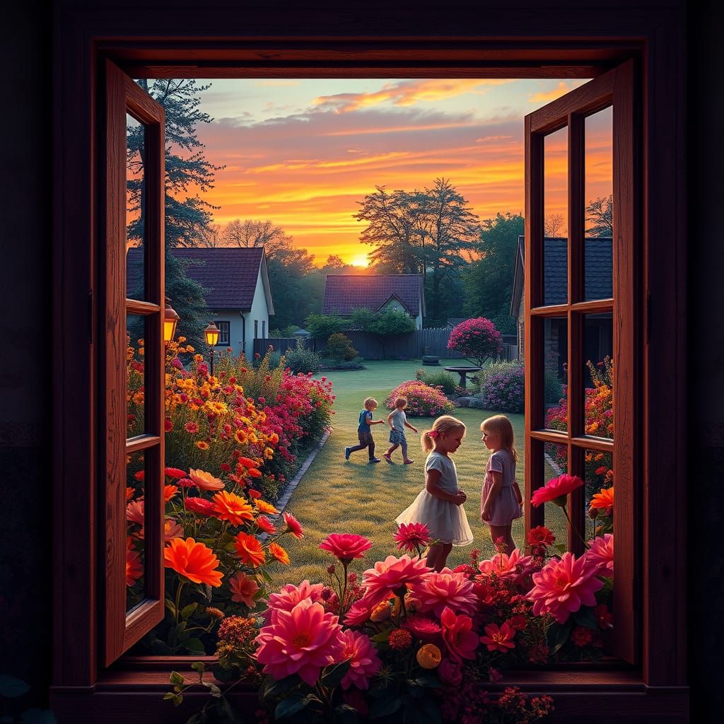 "A double exposure of a window frame scene viewed through an   of children playing in a most beautiful ...  by @Pinto