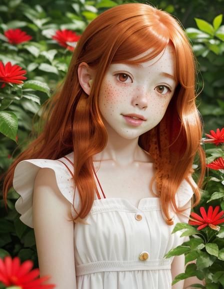 Auburn Haired Girl Picking Flowers, Anime Style