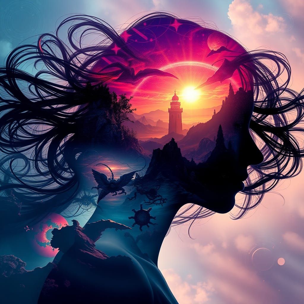 Abstract fractal surreal art, Airbrush, 3d,  double exposure...