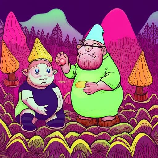 Happy Gnome and fat hippo drinking magic tea in cannabis UV ...