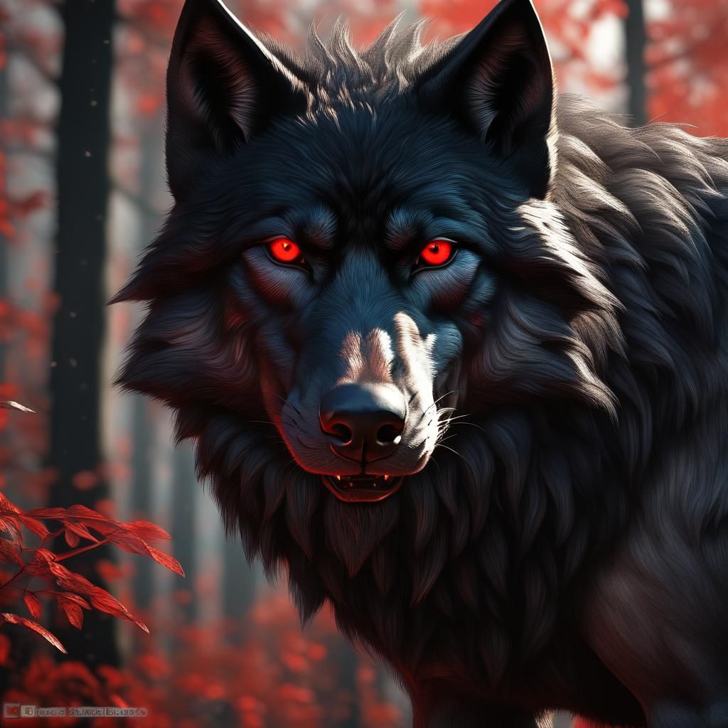 Black Wolf, Red Eyes, (realistic1.4), (masterpiece), (detailed), Epic