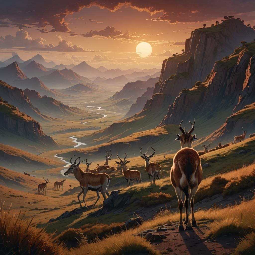 Gazelles Grazing in Serene Landscape, Digital Matte Painting