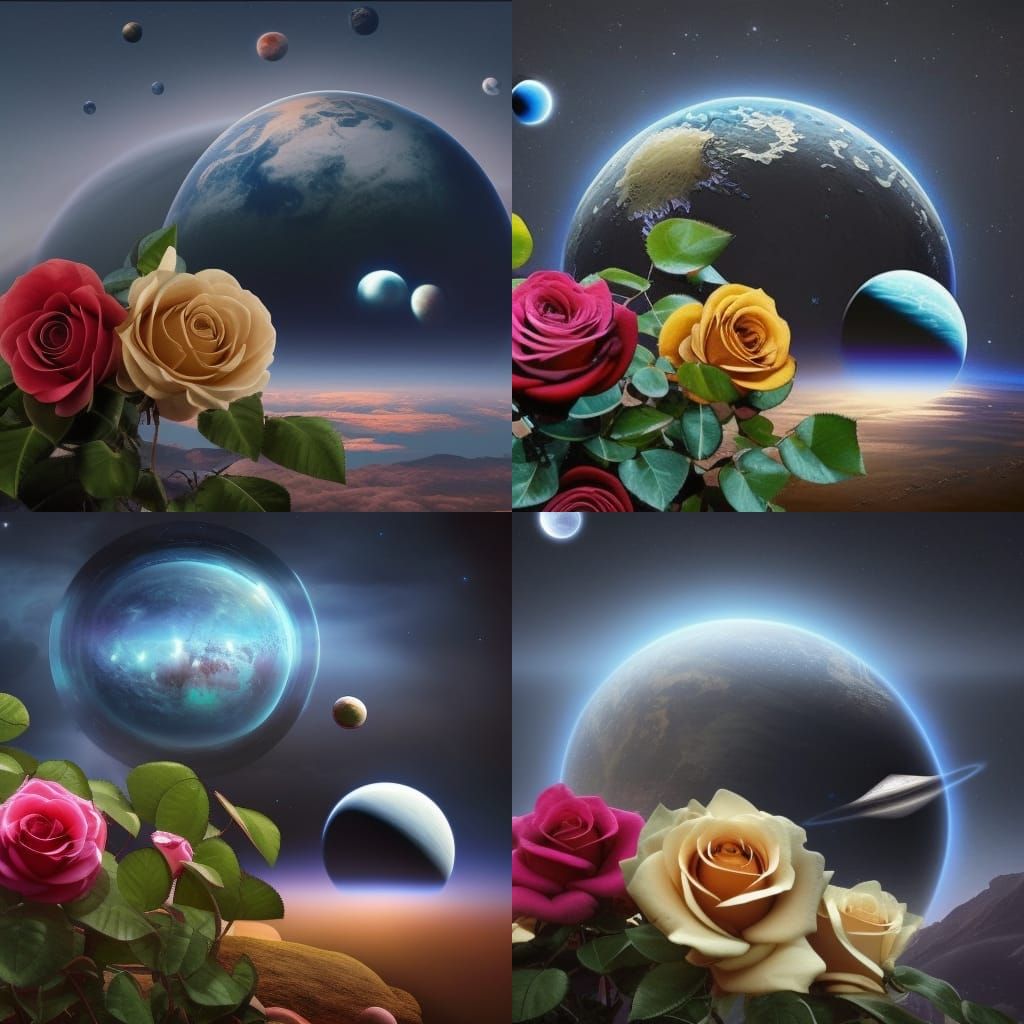 rose arrangement on planet in front of planetary and star scene - AI ...