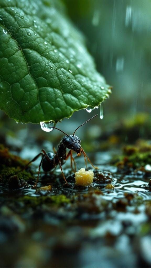 A realistic cinematic close-up shot of a small ant sheltering from heavy rain under a large green leaf, ...  by @undefined