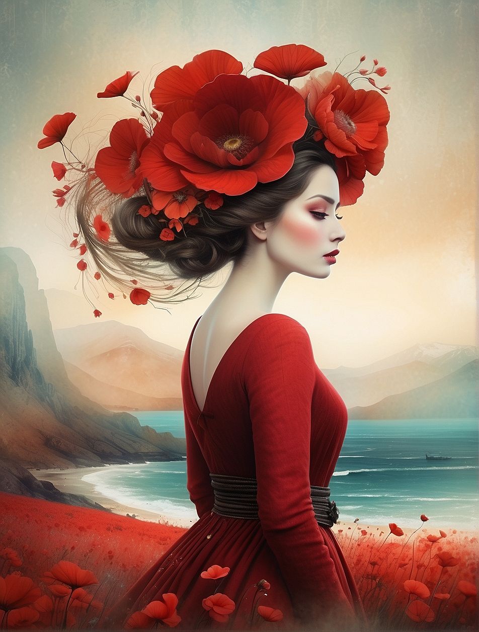 Woman dressed in red in a flowery landscape
