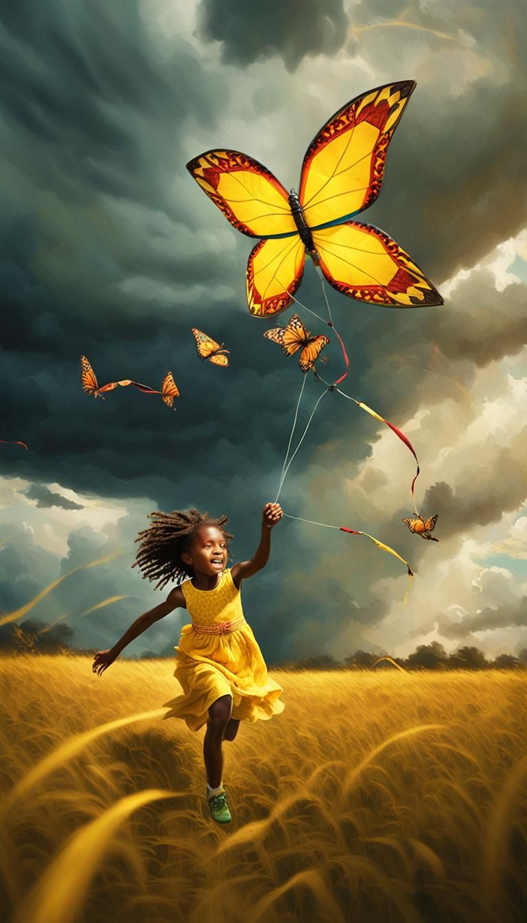 A large butterfly kite and a little girl.  by @Iwonah
