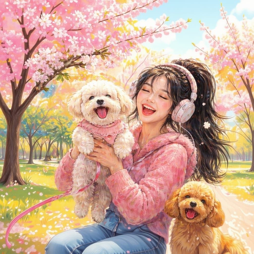 Joyful Owner and Dog Under Cherry Blossoms in Gouache