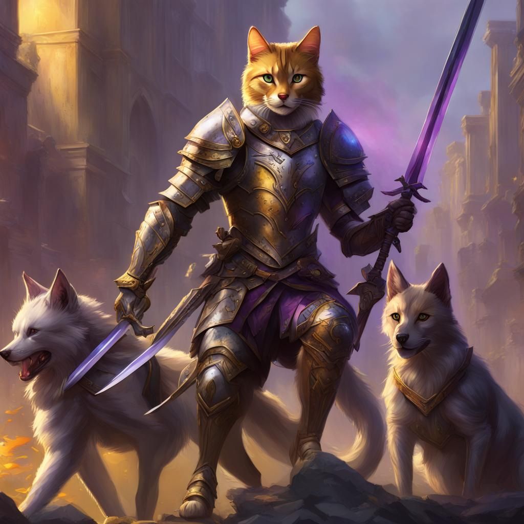 warrior cats, in armor with swords an shields riding war dogs AI