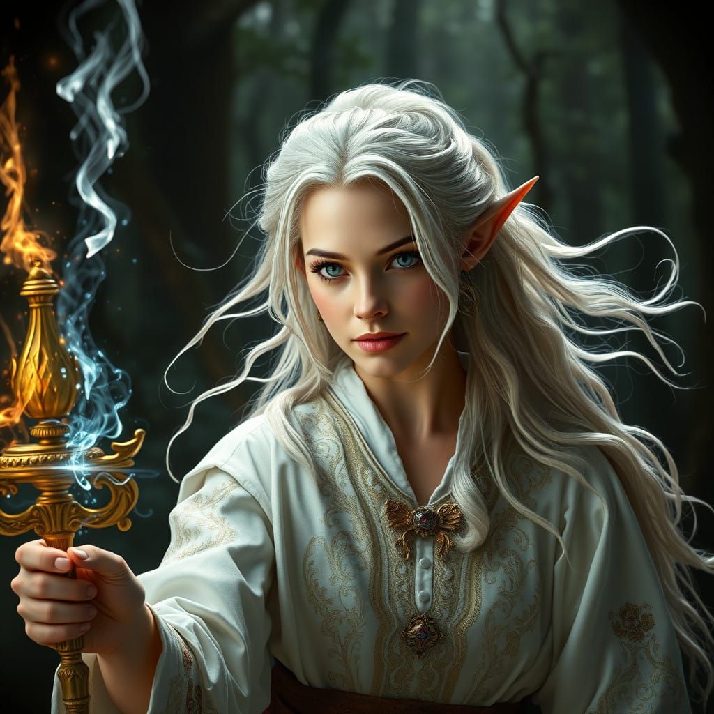 A beautiful Elf with silver hair and a white tunic  by @Taino114