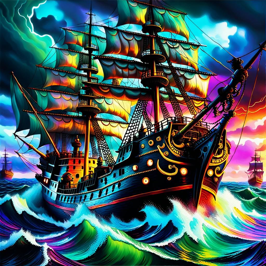 pirates sailing stormy seas mid shot (8k HD panoramic photog...