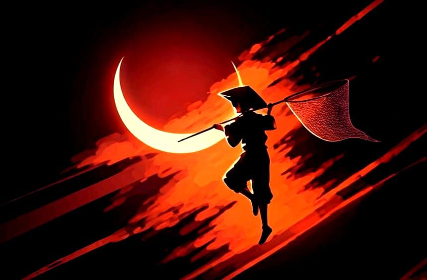 A young boy chases after the moon with a fishing net, oriental style art work using shades of purple and orange colours