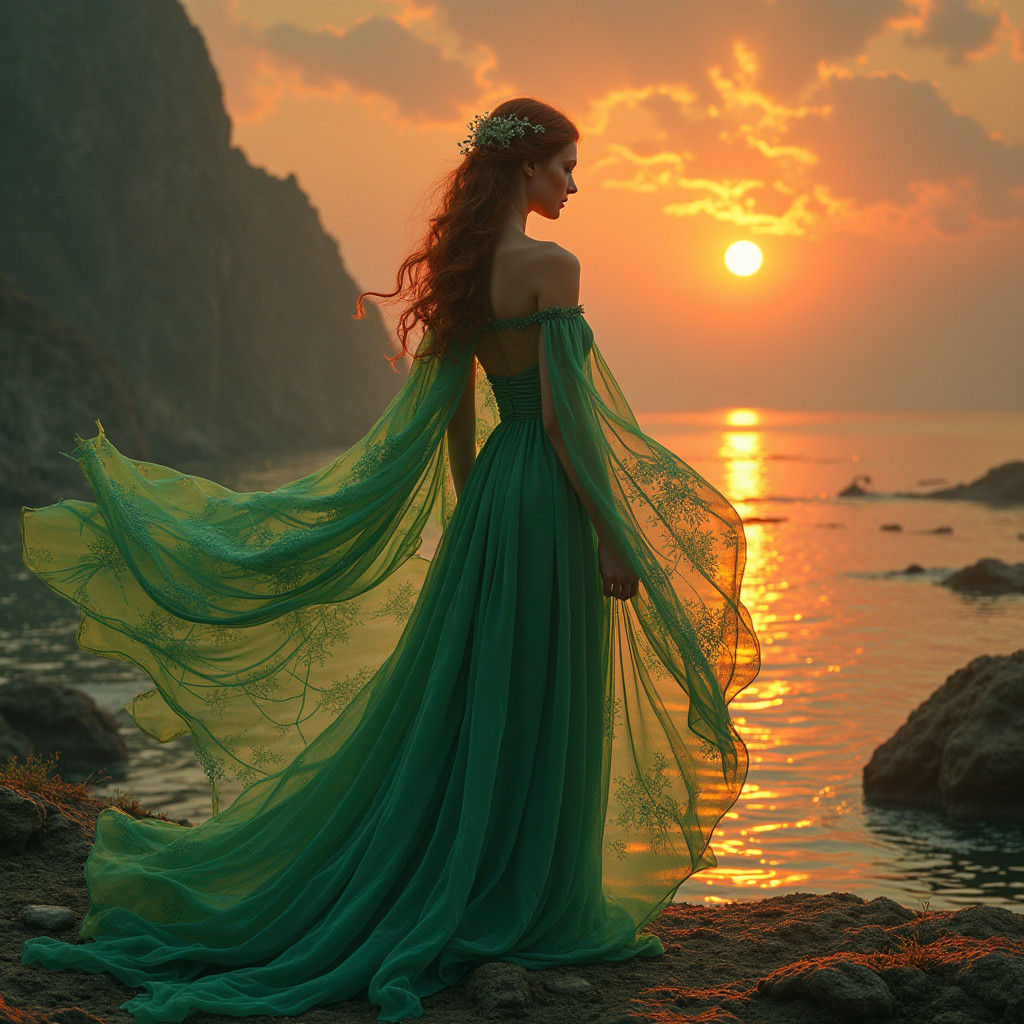 Woman in Embroidered Gown at Sunset, Art Nouveau Style