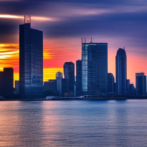 City skyline across the water at sunset
