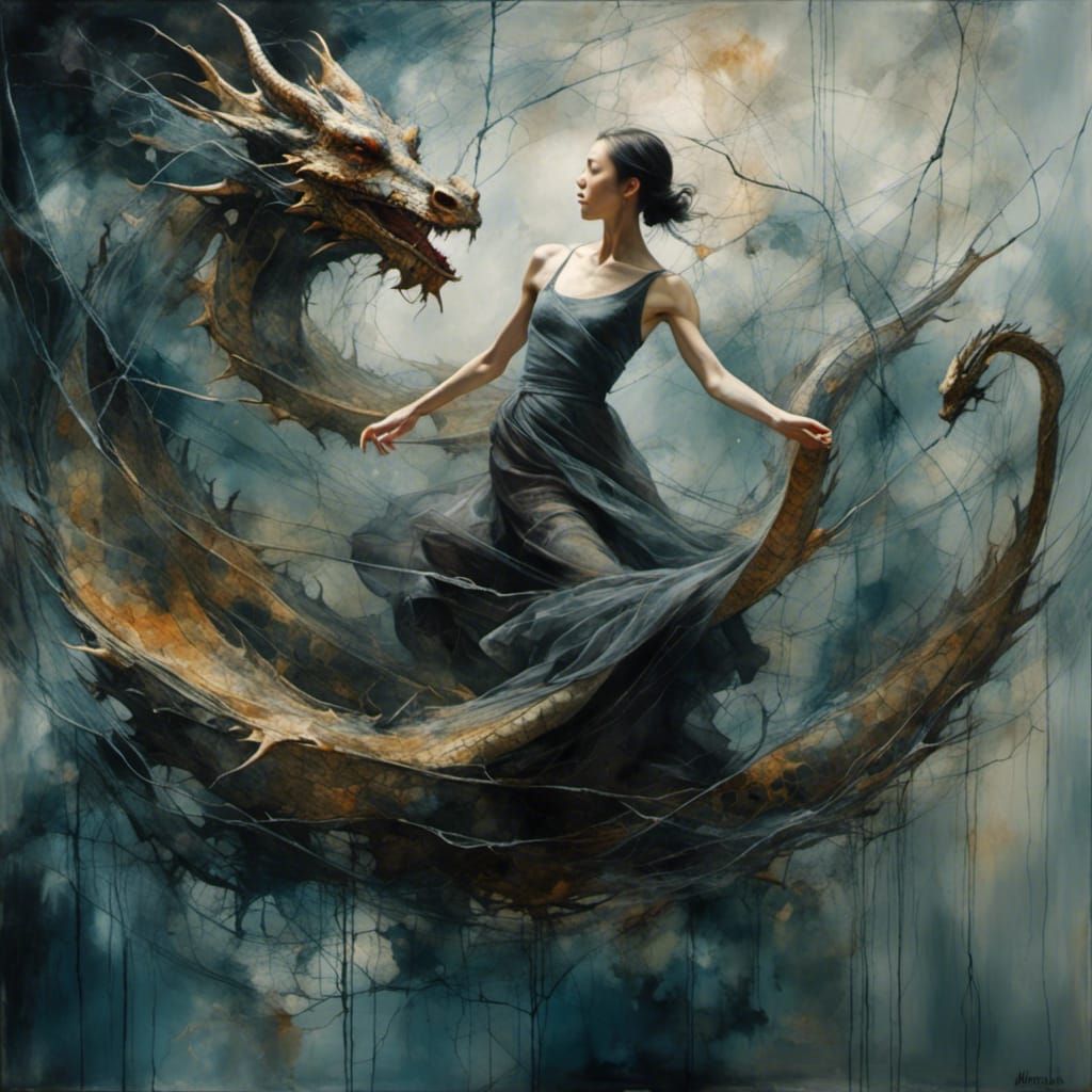 Dragon Ballet with infinite mirrors, surreal, Alyssa Monks, naive art <lora:Dark:0.7>