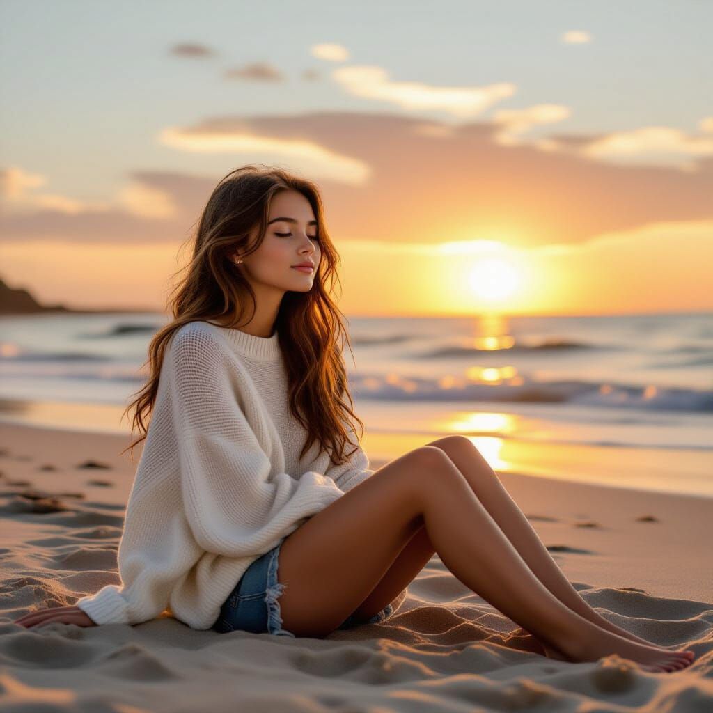 Teenage Girl on Beach at Sunset in Serene Style