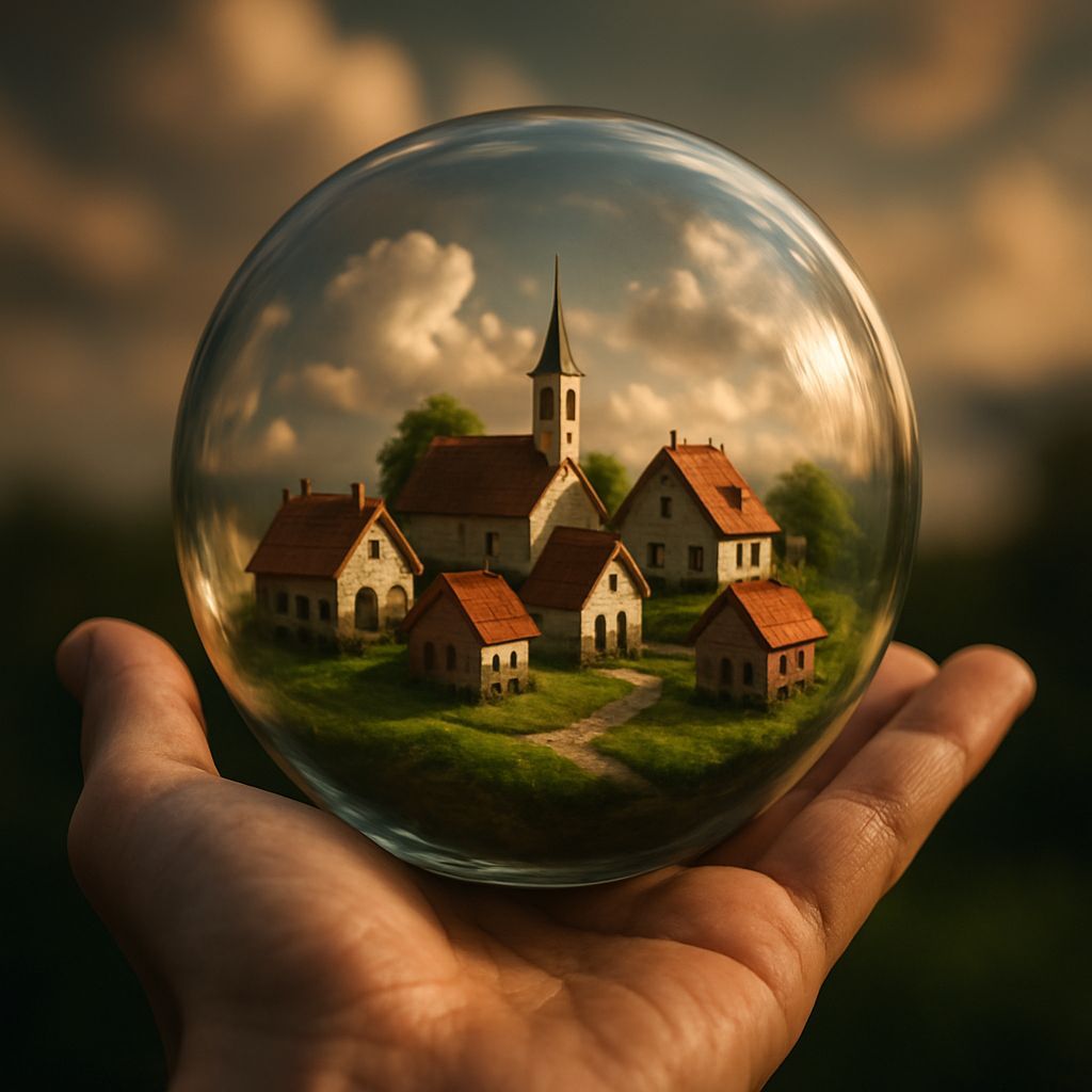 A mini village inside a glass orb on human hand