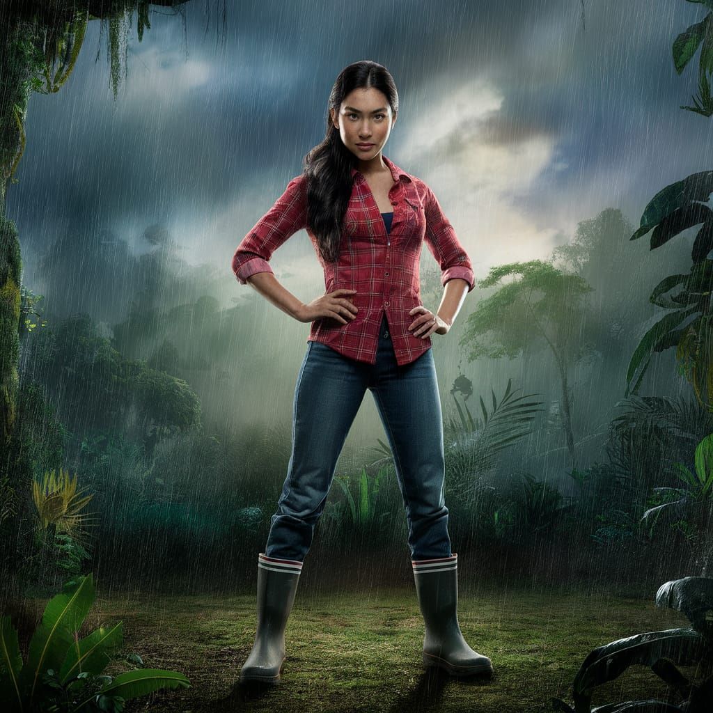 beautiful Hispanic woman in red plaid shirt, blue jeans, and...