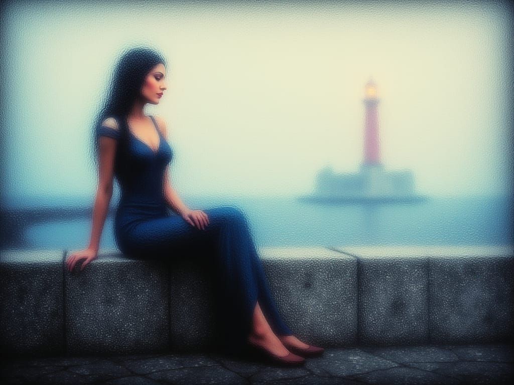 <lora:Frosted glass:1.0> Frosted glass, female sitting on a stone wall, Ocean and lighthouse background