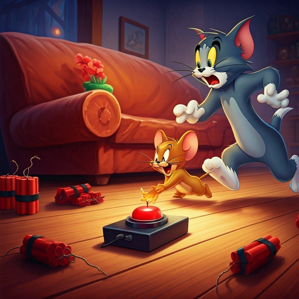 A chaotic and hilarious cartoon scene featuring Tom and Jerry in the midst of a frantic chase around ...  by @mgafner