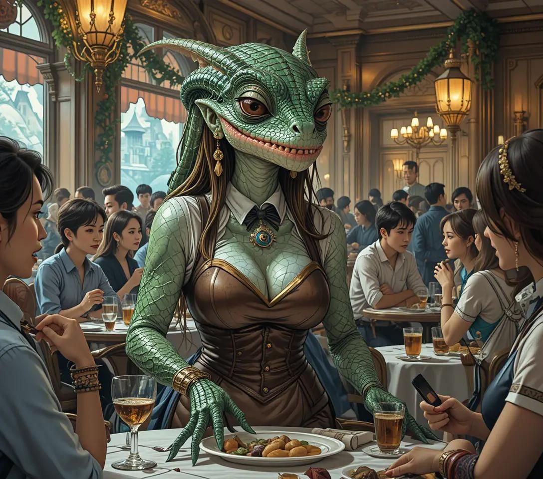 waitress reptilian Woman In restaurant.