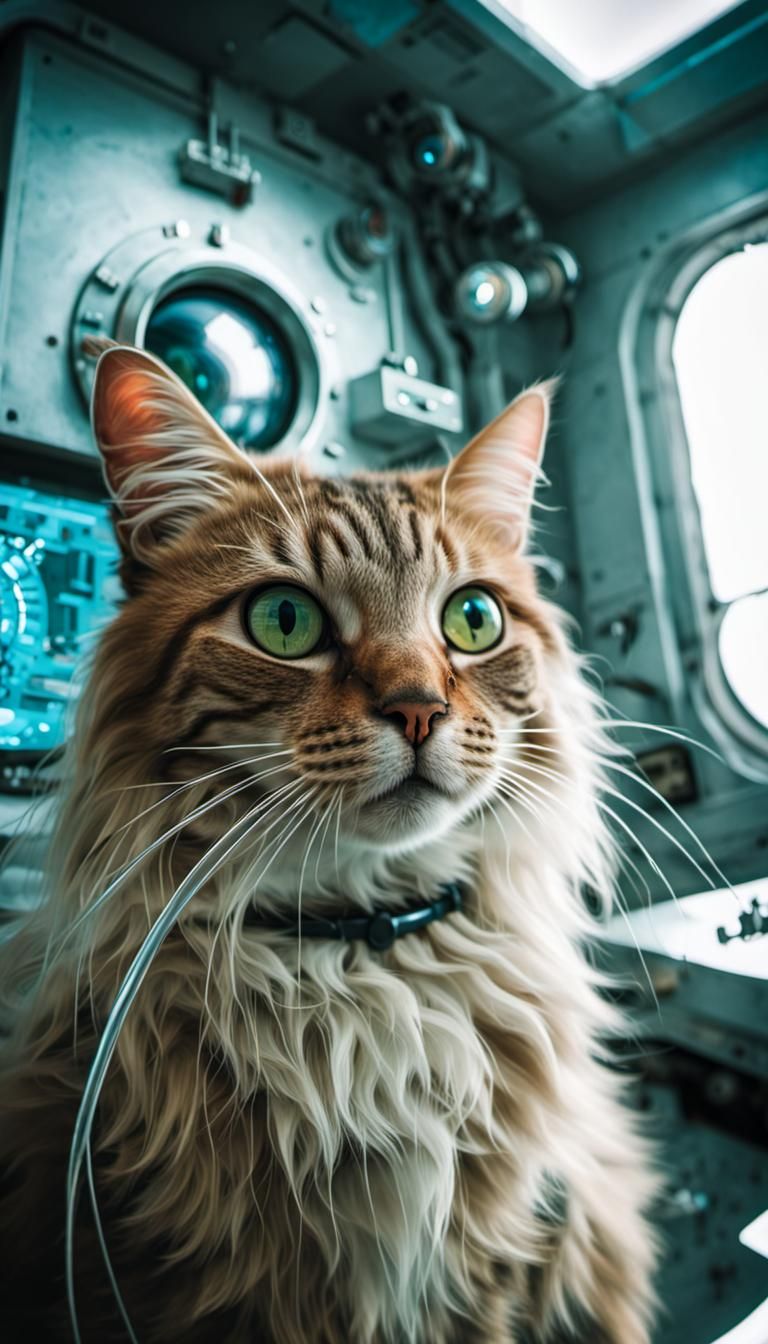 depth of field fisheye lens scifi solarpunk spacecore futuristic, cat